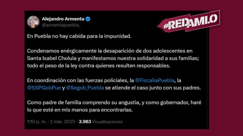 Gobernador Armenta se compromete a la búsqueda de Miriam y Victoria en Santa Isabel Cholula