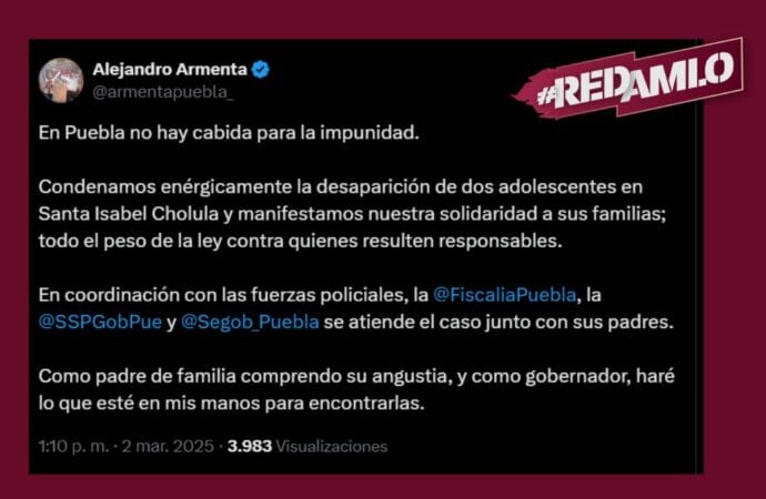 Gobernador Armenta se compromete a la búsqueda de Miriam y Victoria en Santa Isabel Cholula